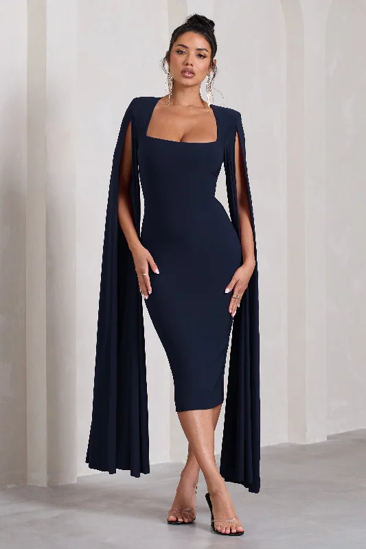 Flawless | Navy Square Neck Midi Dress With Cape Sleeves