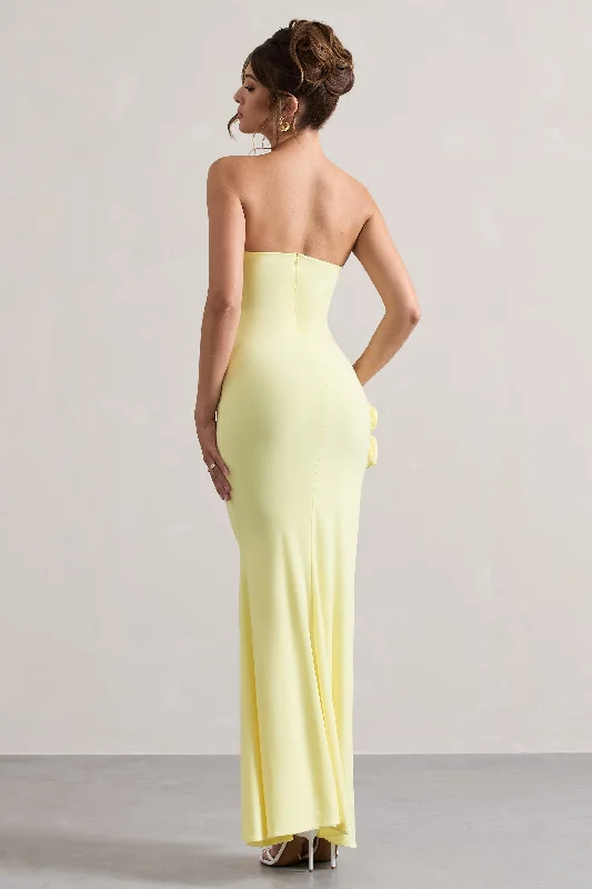 My Muse | Yellow Ruched Bandeau Split Maxi Dress With Flowers