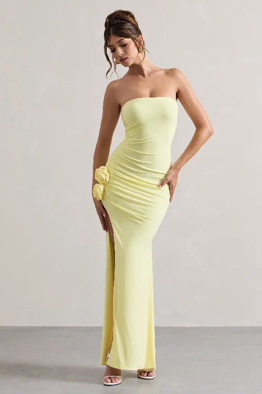 My Muse | Yellow Ruched Bandeau Split Maxi Dress With Flowers