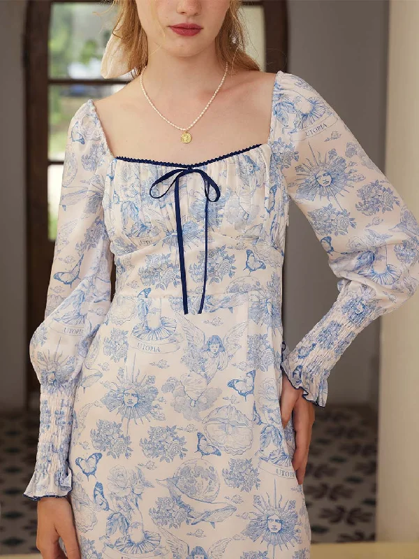 【Flash Sale】Mila Elegant Square Neck Contrast Print Dress