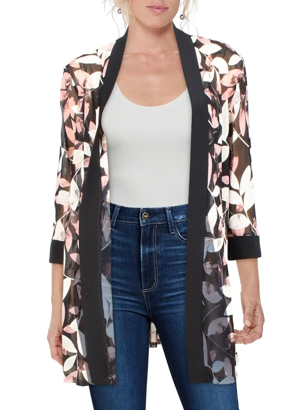 Petites Womens Mesh Floral Duster Blazer