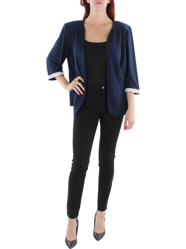 Plus Womens Knit Embellished Collarless Blazer