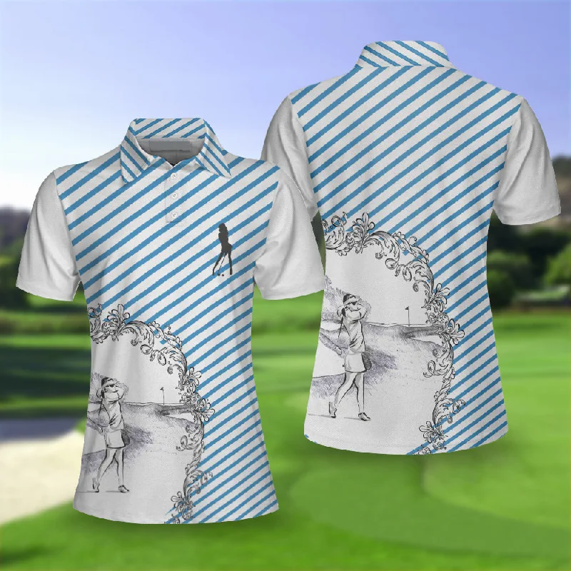 Blue Striped And Sketching Golf Girl Golf Short Sleeve Women Polo Shirt, Best Gift For Women Golfers