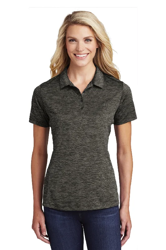 Sport-Tek Womens Electric Heather Moisture Wicking Short Sleeve Polo Shirt - Grey Black Electric