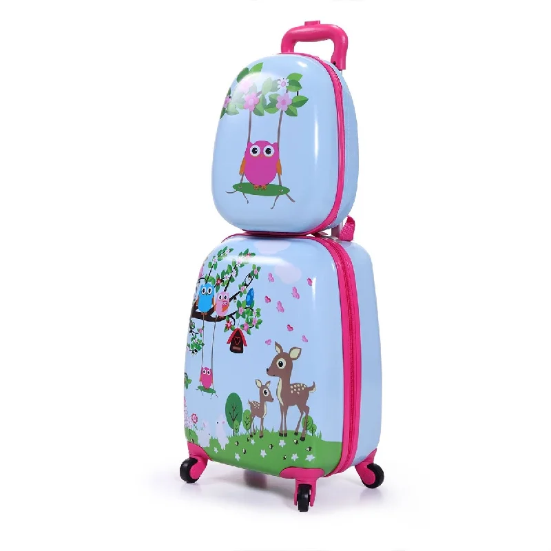Luggage straps with buckle closures to secure overstuffed bags2 PCS Kid's Animal Patterns Suitcase Luggage Set 16'' Hardside Spinner Toddler Travel Rolling Luggage Girls Boys, Pink+Blue