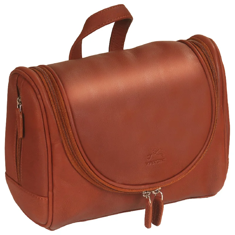 Hanging toiletry bags with multiple compartments for bathroom essentialsMancini Leather Hanging Toiletry Kit, 10" x 4.5" x 8", Cognac