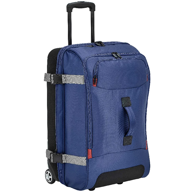 Earplugs and eye masks set for a good sleep during long - haul flightsAmazonBasics Rolling Travel Duffel Bag Luggage with Wheels, Medium, Blue
