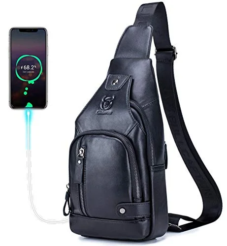 Luggage trolley organizers to hold small items like keys and phonesBULLCAPTAIN Men Sling Crossbody Bag with USB Charging Port Genuine Leather Shoulder Chest Bag Travel Hiking Backpack (Black)