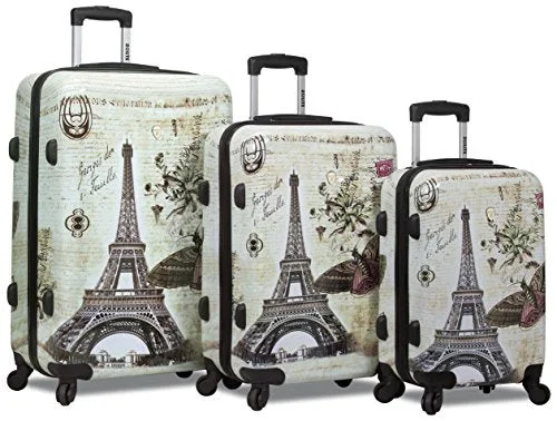 Charging station travel adapters with multiple USB ports for powering devices on the goDejuno 3-Piece Printed Lightweight Hardside Spinner Upright Hard Case Luggage Set - Paris Stamp