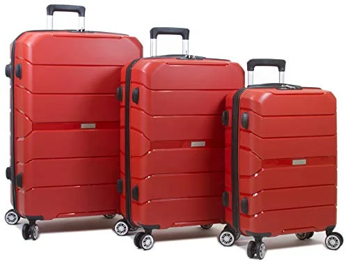 Magnetic luggage labels that can be easily changed or removedDejuno Ark 3-Piece Lightweight Hardside Spinner Luggage Set-Red