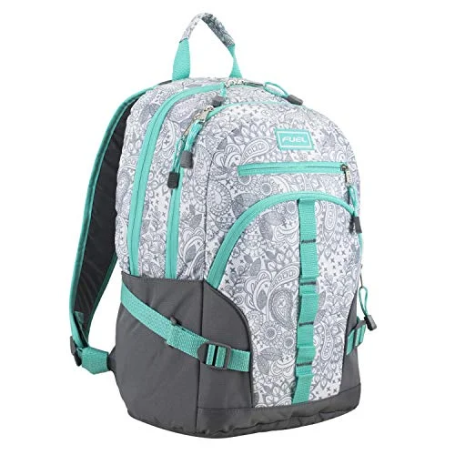 Travel backpack rain covers made of durable nylon materialFuel Dynamo Multipocket Active Backpack with Front Webbing Molle Loops, Ash Gray/Henna Paisley Print/Turquoise Trim