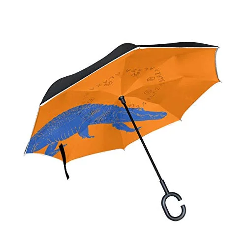 Leather luggage handles for a comfortable and stylish gripInverted Travel Umbrella Orange Gator Reverse Windproof UV Protection Umbrellas with C Shaped Handle for Car Golf Outdoor
