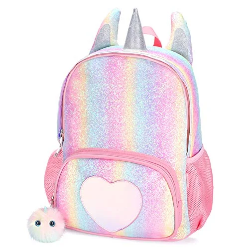 Neck pillows with memory foam for comfortable in - flight or car ridesmibasies Kids Unicorn Backpack for Girls Rainbow School Bag (Rainbow Glitter)