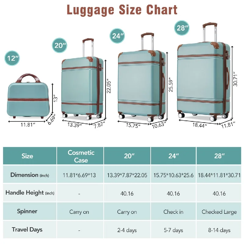 Luggage straps with buckle closures to secure overstuffed bagsSuitcase 4 Pcs Set Hardshell Cosmetic Case Luggage Password Box, Green