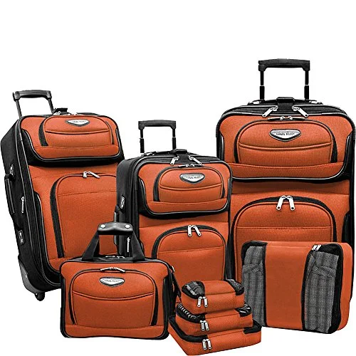 Leather luggage handles for a comfortable and stylish gripTravelers Choice Amsterdam 8Pc Set, Orange Leather luggage handles for a comfortable and stylish gripTravelers Choice Amsterdam 8Pc Set, Orange