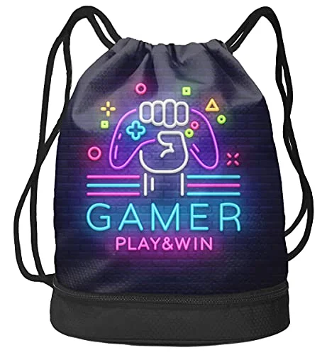 Leather luggage handles for a comfortable and stylish gripUnisex Gym Drawstring Bags Weapon Gamer Play Win Gaming Neon Style Sackpack Sports Bag Beam Backpack with Shoe Compartment Pockets for Men Women Girls boys Outdoor Hiking Swimming
