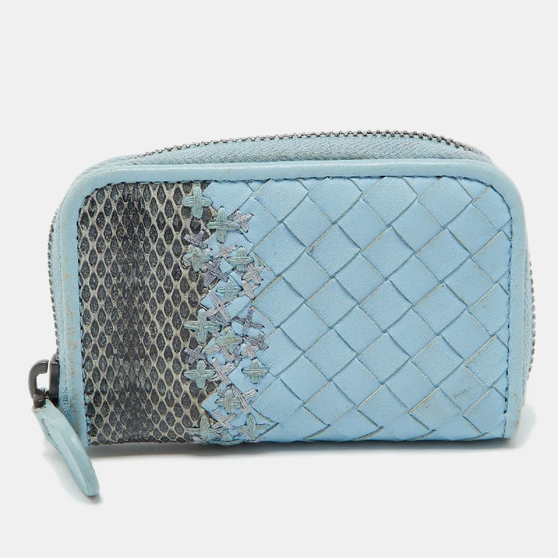 Women's money clip with a mirror on the back​Bottega Veneta Blue Intrecciato Leather And Karung Leather Coin Purse