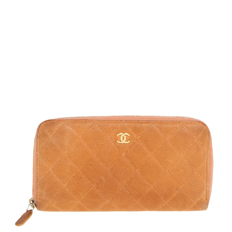 Women's money clip with a secret compartment​Chanel Orange Quilted Caviar Suede Cc Zip Around Wallet..