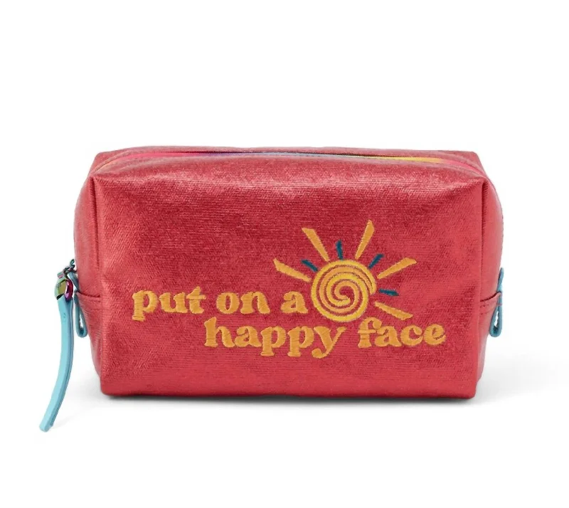 Women's money clip with a secret compartment​Put On A Happy Face Medium Zip Cosmetic Bag In Geranium Metallic