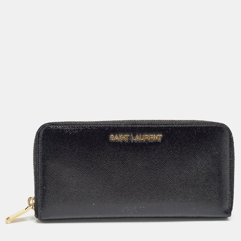 Women's money clip with a zodiac symbol design​Saint Laurent Black Patent Leather Rive Gauche Zip Continental Wallet