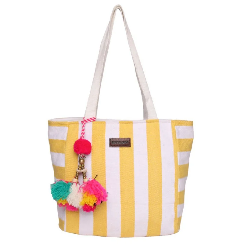 Embroidered Tote Bag in Beige with Floral Motifs for a Boho - Chic VibeYellow/White Stripe Cotton With Nylon Webbing Handle