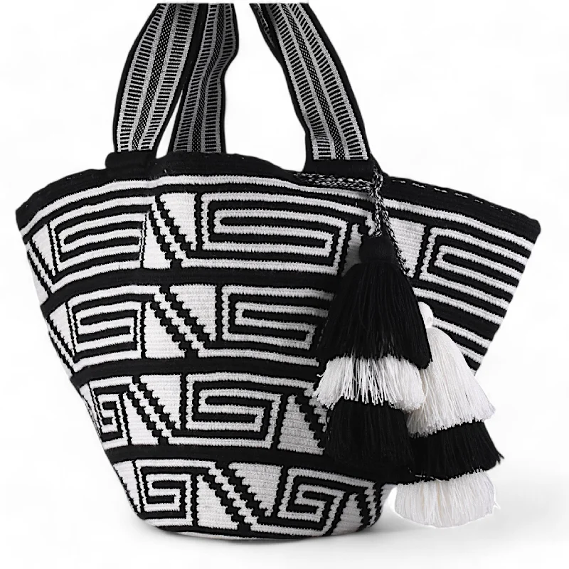 Large Capacity Genuine Leather Women's Tote Bag in Black for Work and CommutingHandmade Black & White Tote Bag