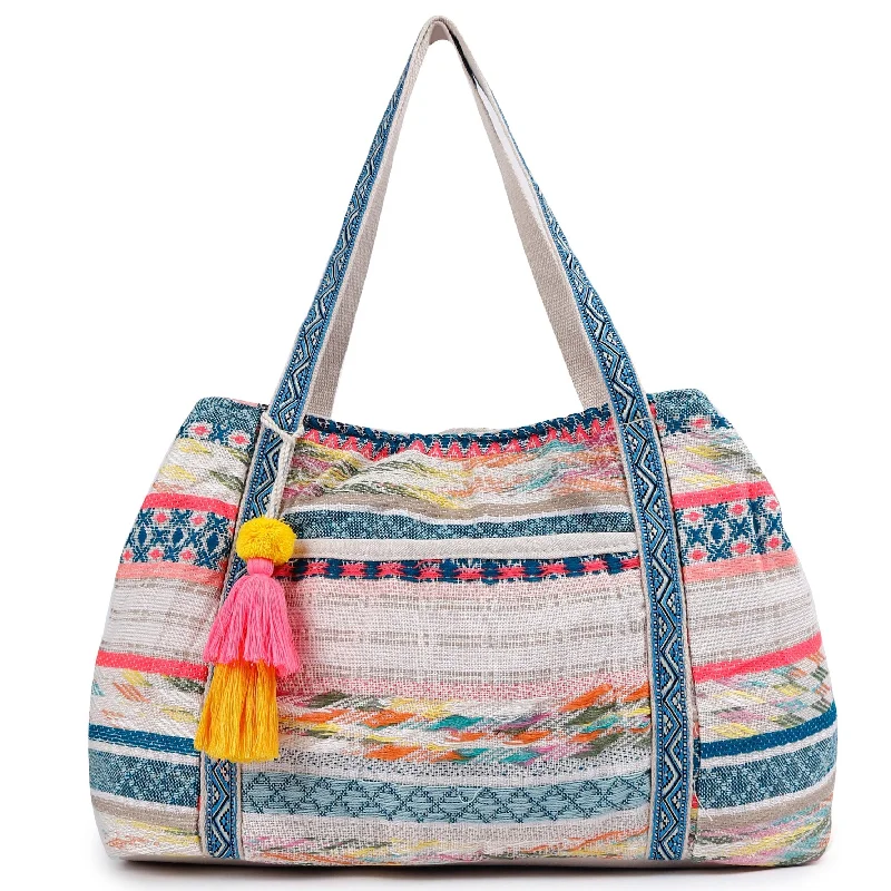 Linen Tote Bag in Natural Beige with Braided Details for a Rustic Summer EnsembleASTRID Multi Color Tote Bags With Webbing Handle Highlighted with PomPom lace,Beautiful Hanging Tassel Linen Tote Bag in Natural Beige with Braided Details for a Rustic Summer EnsembleASTRID Multi Color Tote Bags With Webbing Handle Highlighted with PomPom lace,Beautiful Hanging Tassel