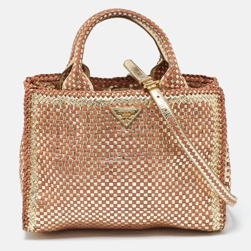 Waterproof Tote Bag in Yellow for Outdoor Activities in Wet WeatherPrada Gold/brown Woven Madras Leather Snap Tote