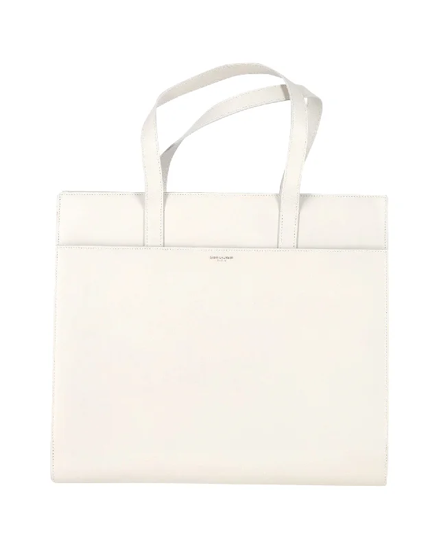 Women's Tote Bag with Detachable Pouch in Purple for Added ConvenienceSaint Laurent Flat Shopping Tote Bag in White Leather Women's Tote Bag with Detachable Pouch in Purple for Added ConvenienceSaint Laurent Flat Shopping Tote Bag in White Leather