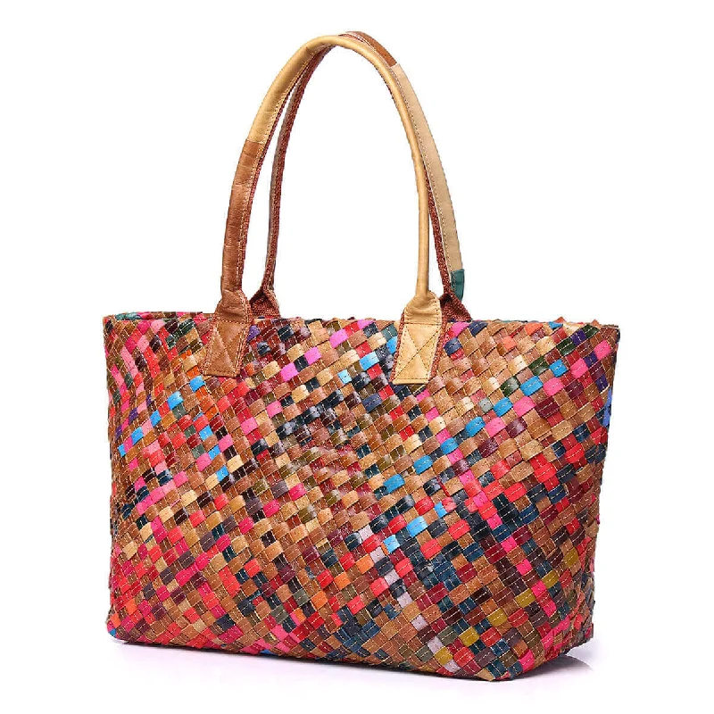Geometric - Printed Tote Bag in Multicolor for a Contemporary and Trendy OutfitColorful Woven Leather Tote Bag - Women's Handbag NZ Geometric - Printed Tote Bag in Multicolor for a Contemporary and Trendy OutfitColorful Woven Leather Tote Bag - Women's Handbag NZ