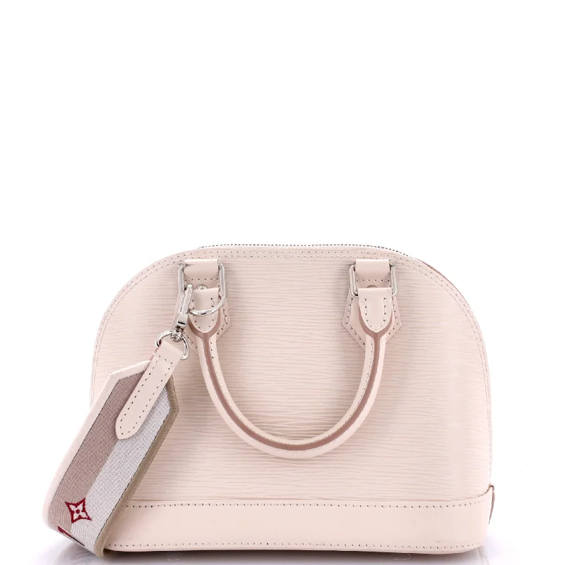 Women's Shoulder Bag with Faux Fur Strap in White for Winter StyleAlma Handbag Epi Leather with Logo Jacquard Strap BB Women's Shoulder Bag with Faux Fur Strap in White for Winter StyleAlma Handbag Epi Leather with Logo Jacquard Strap BB