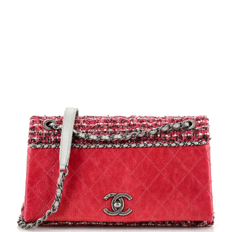 Women's Shoulder Bag with Zippered Pockets in Orange for SafetyCC Chain Flap Bag Quilted Embellished Tweed and Quilted Calfskin Small Women's Shoulder Bag with Zippered Pockets in Orange for SafetyCC Chain Flap Bag Quilted Embellished Tweed and Quilted Calfskin Small