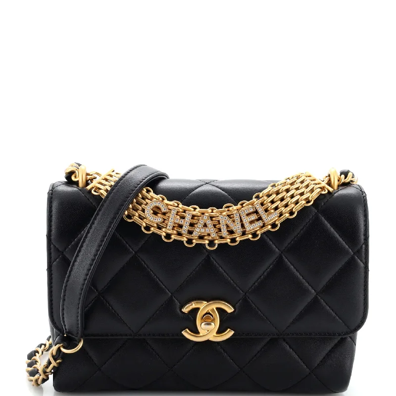 Shoulder Bag with Chain Strap in Silver for a Trendy AppearanceCrystal Logo Letters Chain Handle Flap Bag Quilted Lambskin Small Shoulder Bag with Chain Strap in Silver for a Trendy AppearanceCrystal Logo Letters Chain Handle Flap Bag Quilted Lambskin Small