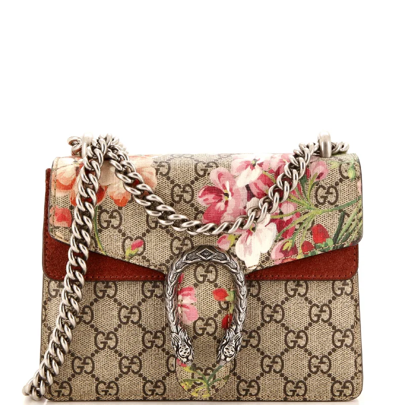 Women's Shoulder Bag with Faux Fur Strap in White for Winter StyleDionysus Bag Blooms Print GG Coated Canvas Mini Women's Shoulder Bag with Faux Fur Strap in White for Winter StyleDionysus Bag Blooms Print GG Coated Canvas Mini