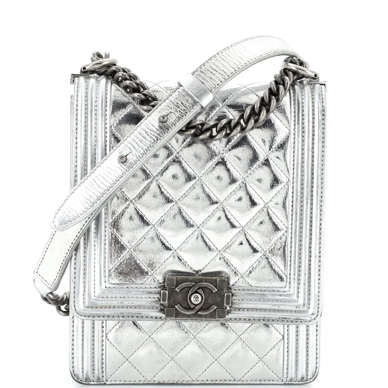 Women's Shoulder Bag with Faux Fur Strap in White for Winter StyleNorth South Boy Flap Bag Quilted Metallic Calfskin Small Women's Shoulder Bag with Faux Fur Strap in White for Winter StyleNorth South Boy Flap Bag Quilted Metallic Calfskin Small