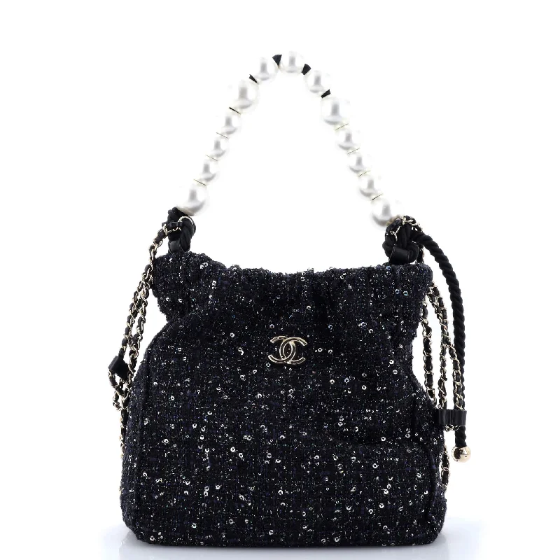 Women's Canvas Shoulder Bag in Navy with Striped Pattern for Beach TripsPearl Drawstring Bag Sequin Embellished Tweed Women's Canvas Shoulder Bag in Navy with Striped Pattern for Beach TripsPearl Drawstring Bag Sequin Embellished Tweed