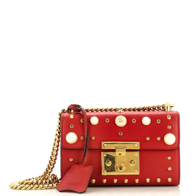 Shoulder Bag with Chain Strap in Silver for a Trendy AppearancePearly Padlock Shoulder Bag Studded Leather Small Shoulder Bag with Chain Strap in Silver for a Trendy AppearancePearly Padlock Shoulder Bag Studded Leather Small