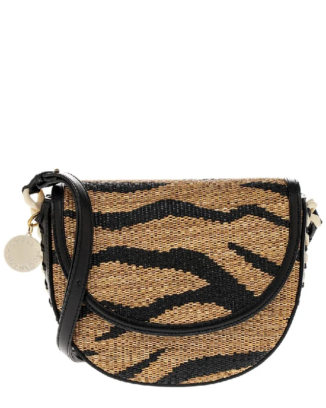 Crossbody Shoulder Bag in Black Leather with Gold Hardware for Night OutsStella McCartney Frayme Flap Medium Raffia Saddle Bag Crossbody Shoulder Bag in Black Leather with Gold Hardware for Night OutsStella McCartney Frayme Flap Medium Raffia Saddle Bag