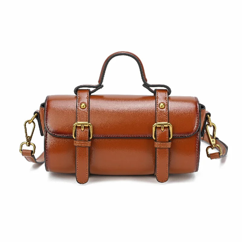 Women's Large Leather Shoulder Bag in Brown with Multiple Compartments for WorkTiffany & Fred Smooth Leather Barrel Shape Crossbow Bag Women's Large Leather Shoulder Bag in Brown with Multiple Compartments for WorkTiffany & Fred Smooth Leather Barrel Shape Crossbow Bag