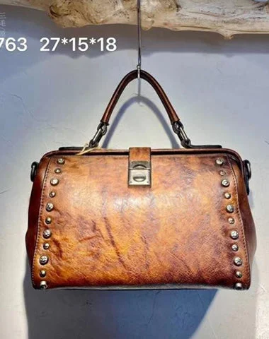Women's Large Leather Shoulder Bag in Brown with Multiple Compartments for WorkVintage Womens Brown Leather Doctor Handbag Purses With Rivet Doctor Shoulder Bag for Women Women's Large Leather Shoulder Bag in Brown with Multiple Compartments for WorkVintage Womens Brown Leather Doctor Handbag Purses With Rivet Doctor Shoulder Bag for Women