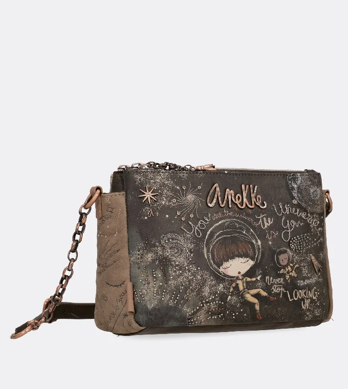 Women's Crossbody Bag with Multiple Compartments in Gray for Organized Daily UsePretty universe crossbody bag with a printed design Women's Crossbody Bag with Multiple Compartments in Gray for Organized Daily UsePretty universe crossbody bag with a printed design
