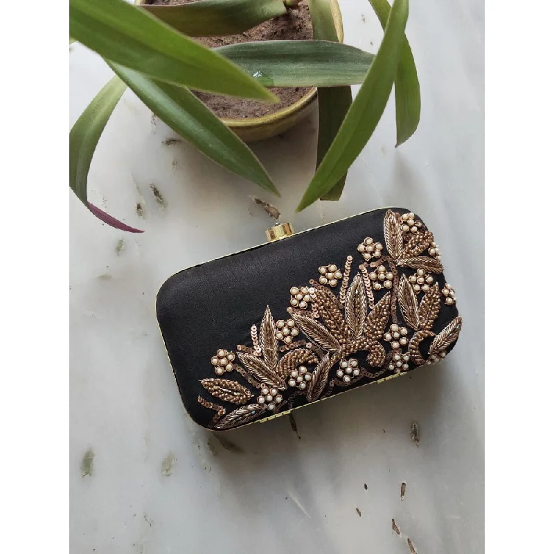 Leather Clutch with Chain Strap in Black for Cocktail PartiesA Clutch Story Black Leaf Dabka Clutch Leather Clutch with Chain Strap in Black for Cocktail PartiesA Clutch Story Black Leaf Dabka Clutch