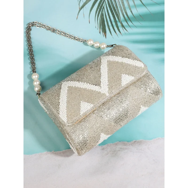 Pearl - Embellished Clutch in Cream for Bridal ShowersA Clutch Story Metallic Zigzag Flap Over Pearl - Embellished Clutch in Cream for Bridal ShowersA Clutch Story Metallic Zigzag Flap Over