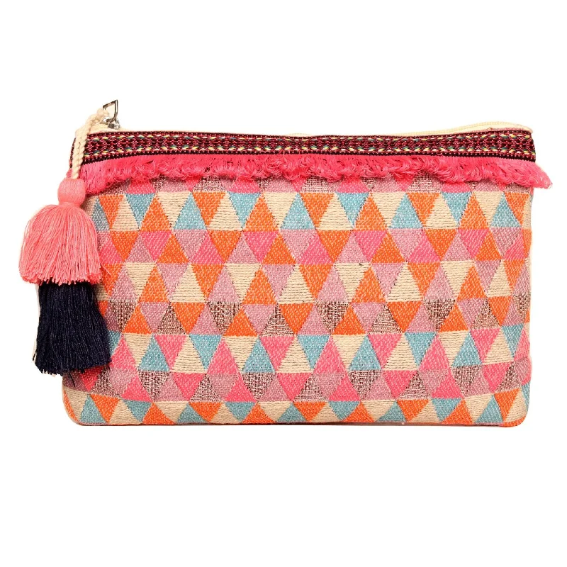 Geometric - Patterned PVC Evening Bag in Multicolor for Trendy Nights OutMulti Triangle Pattern Woven Makeup/Travel Pouch With Tassels Geometric - Patterned PVC Evening Bag in Multicolor for Trendy Nights OutMulti Triangle Pattern Woven Makeup/Travel Pouch With Tassels