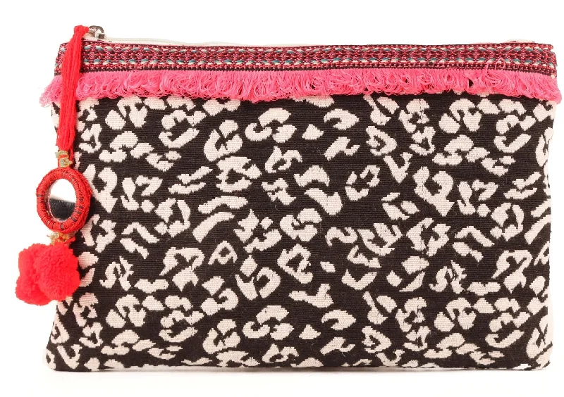 Women's Metallic Leather Clutch in Rose Gold for Valentine's DateBlack Leopard Pattern Woven Makeup/Travel Pouch With Tassels Women's Metallic Leather Clutch in Rose Gold for Valentine's DateBlack Leopard Pattern Woven Makeup/Travel Pouch With Tassels