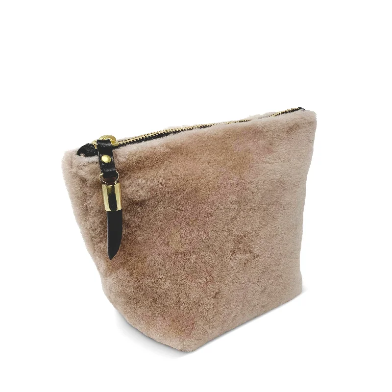 Women's Faux Fur Clutch in White for Winter BallsBlush Shearling Makeup Bag