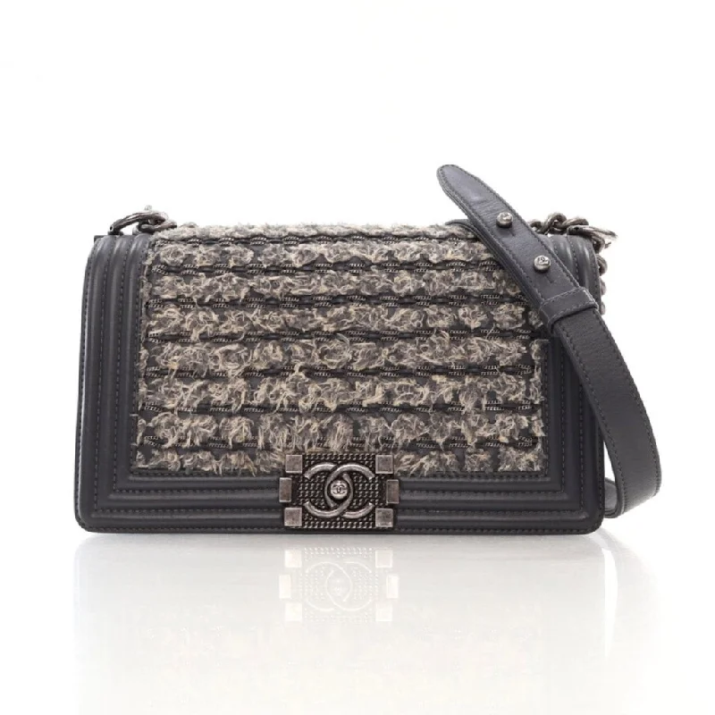 Metallic Crossbody Bag in Silver for New Year's Eve and Special CelebrationsChanel Boy Bag Old Medium Grey Braided Tweed/Calfskin Metallic Crossbody Bag in Silver for New Year's Eve and Special CelebrationsChanel Boy Bag Old Medium Grey Braided Tweed/Calfskin