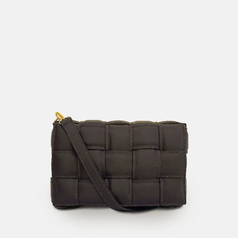 Leather - Trimmed Denim Crossbody Bag in Blue for a Vintage - Inspired LookChocolate Padded Woven Leather Crossbody Bag Leather - Trimmed Denim Crossbody Bag in Blue for a Vintage - Inspired LookChocolate Padded Woven Leather Crossbody Bag