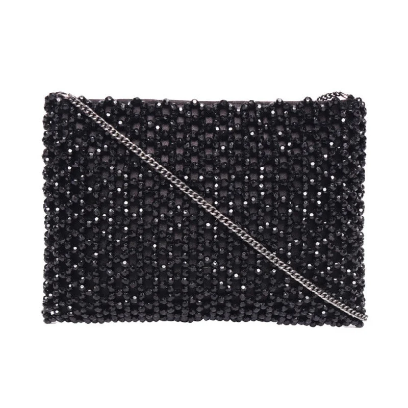 Women's Embroidered Silk Evening Bag in Navy for WeddingsBeades Clutch With Metal Chain Strap Women's Embroidered Silk Evening Bag in Navy for WeddingsBeades Clutch With Metal Chain Strap
