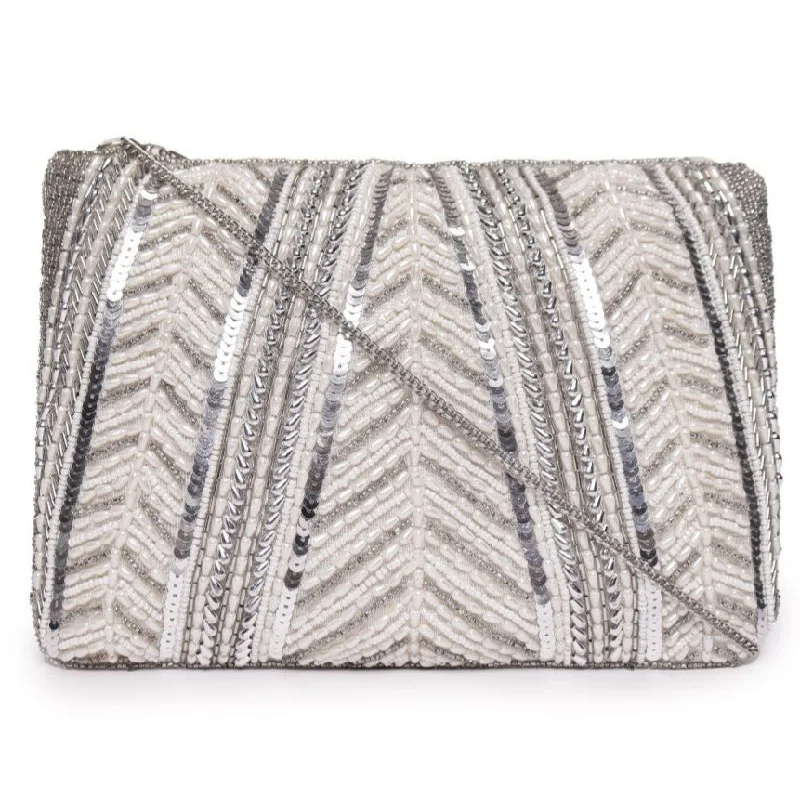 Leather Clutch with Chain Strap in Black for Cocktail PartiesOff White Beaded Embroidered Woven Makeup/Travel Pouch Leather Clutch with Chain Strap in Black for Cocktail PartiesOff White Beaded Embroidered Woven Makeup/Travel Pouch